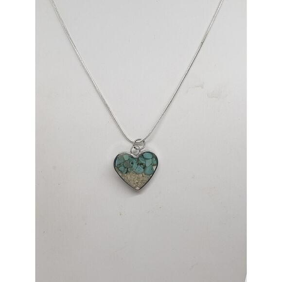 Heart Shaped Pendant Necklace Silver with Turquoise Chip & Beach Sand Inlay - Picture 12 of 14